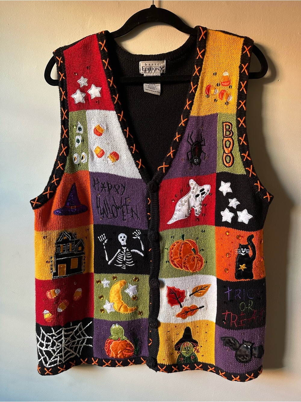 Y2K Basic Editions Patchwork Embroidered Halloween Sweater Vest Teacher